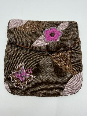 Hand-Beaded Brown Clutch with Pink Floral Accents